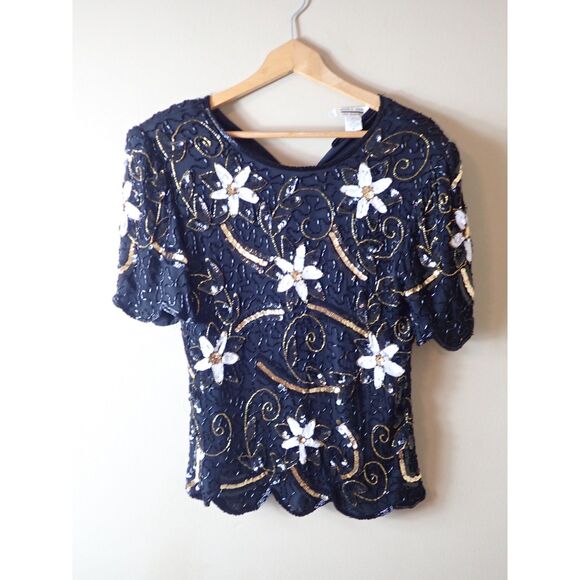 Mark & John by Gopal Pure Silk Vintage Beaded Blouse Black Sequin Beaded Medium - Picture 1 of 9